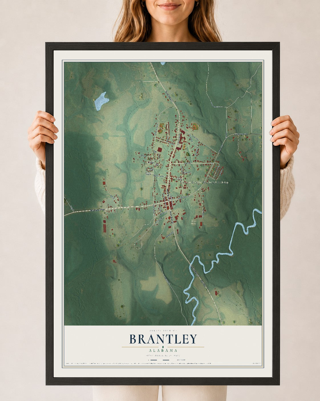 Map of Brantley, Alabama, 24 x 36 inch print in a black wood frame