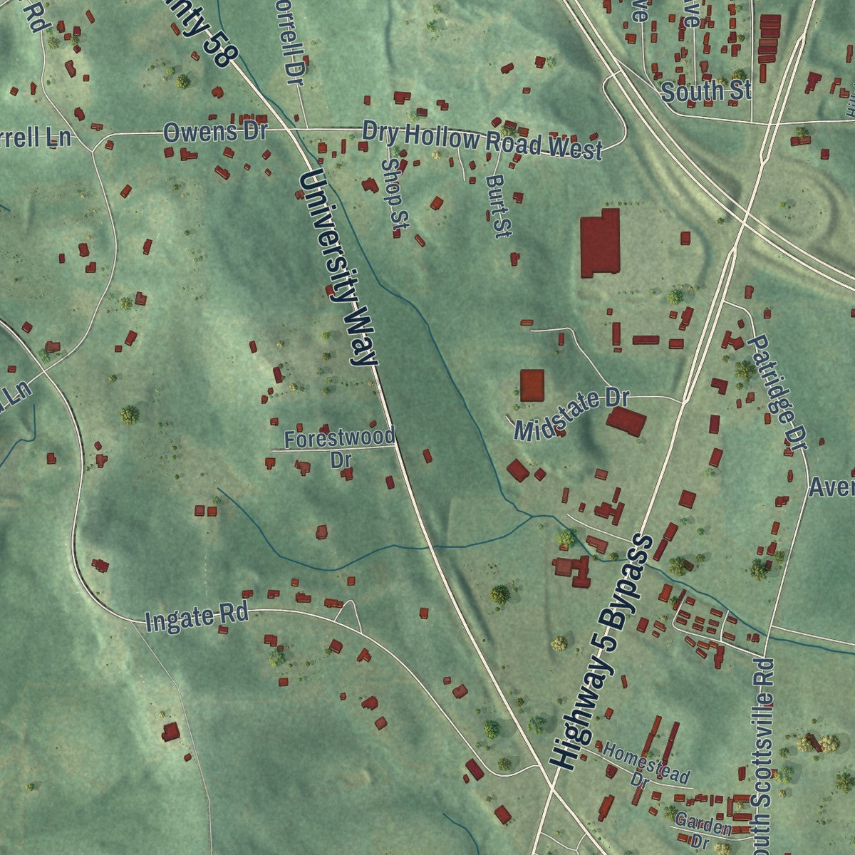 Second close-up of the map of Brent, Alabama print showing more streets and buildings