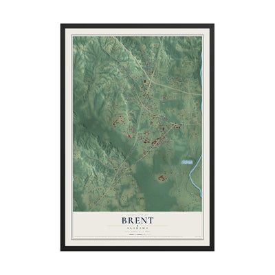 Map of Brent, Alabama, 12 x 18 inch print in a black wood frame