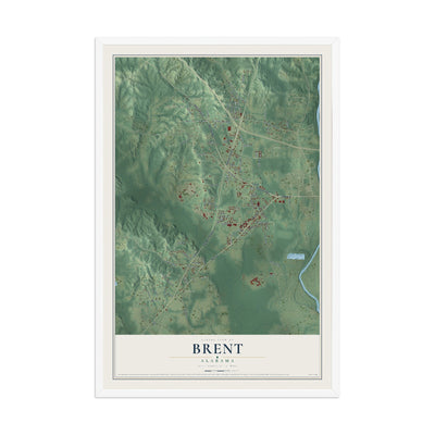 Map of Brent, Alabama, 12 x 18 inch print in a white wood frame