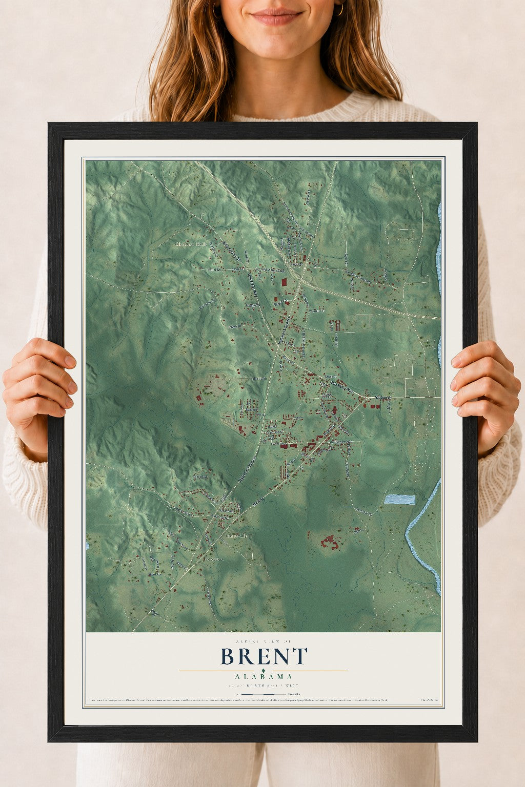 Map of Brent, Alabama, 18 x 24 inch print in a black wood frame