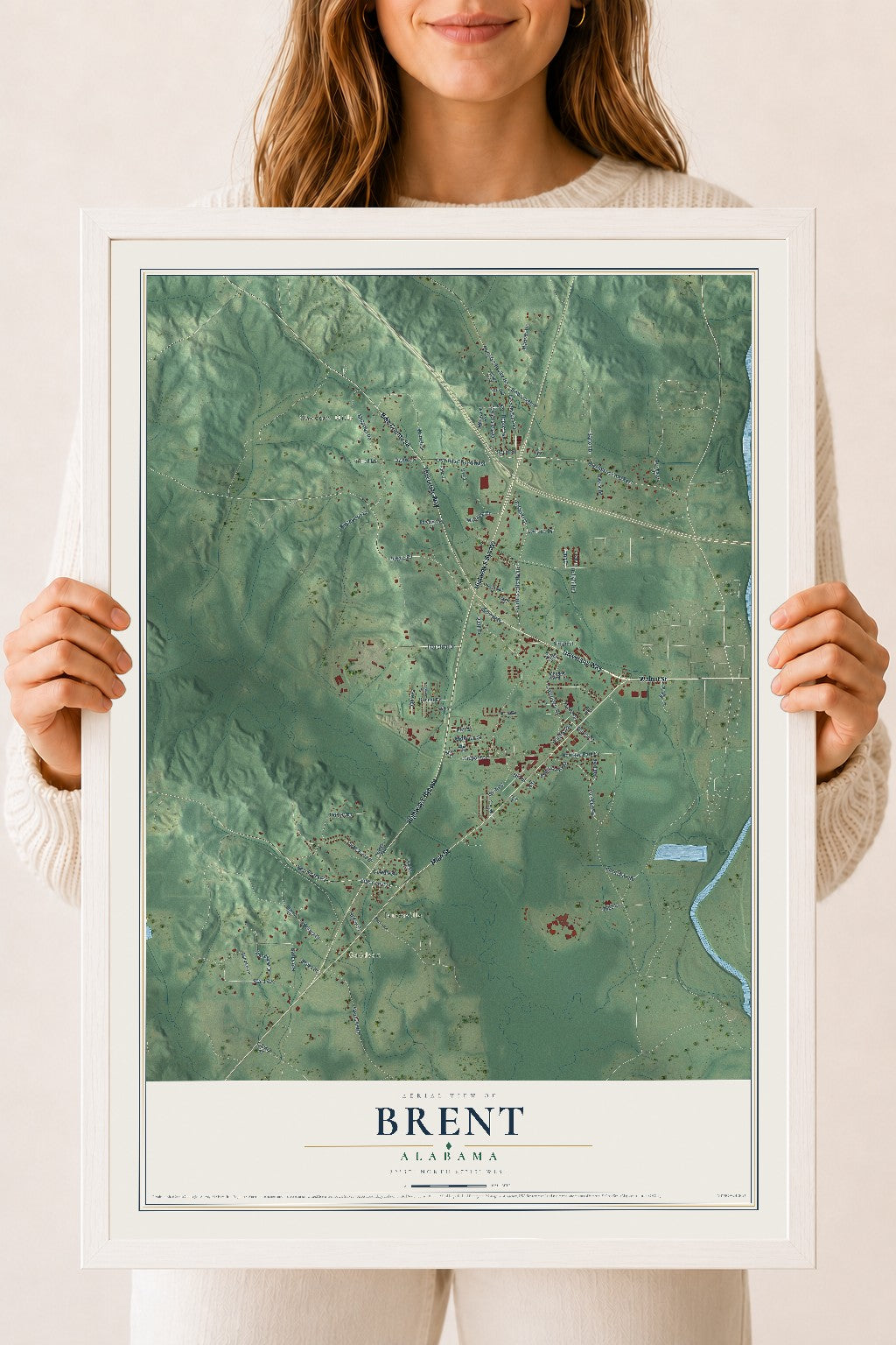 Map of Brent, Alabama, 18 x 24 inch print in a white wood frame