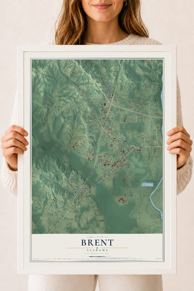 Map of Brent, Alabama, 18 x 24 inch print in a white wood frame