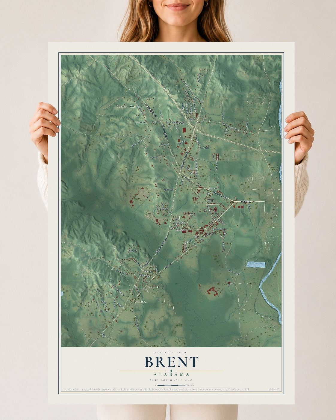 Map of Brent, Alabama, 24 x 36 inch unframed archival matte print