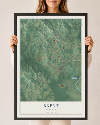 Map of Brent, Alabama, 24 x 36 inch print in a black wood frame
