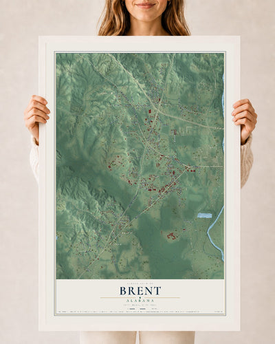 Map of Brent, Alabama, 24 x 36 inch print in a white wood frame