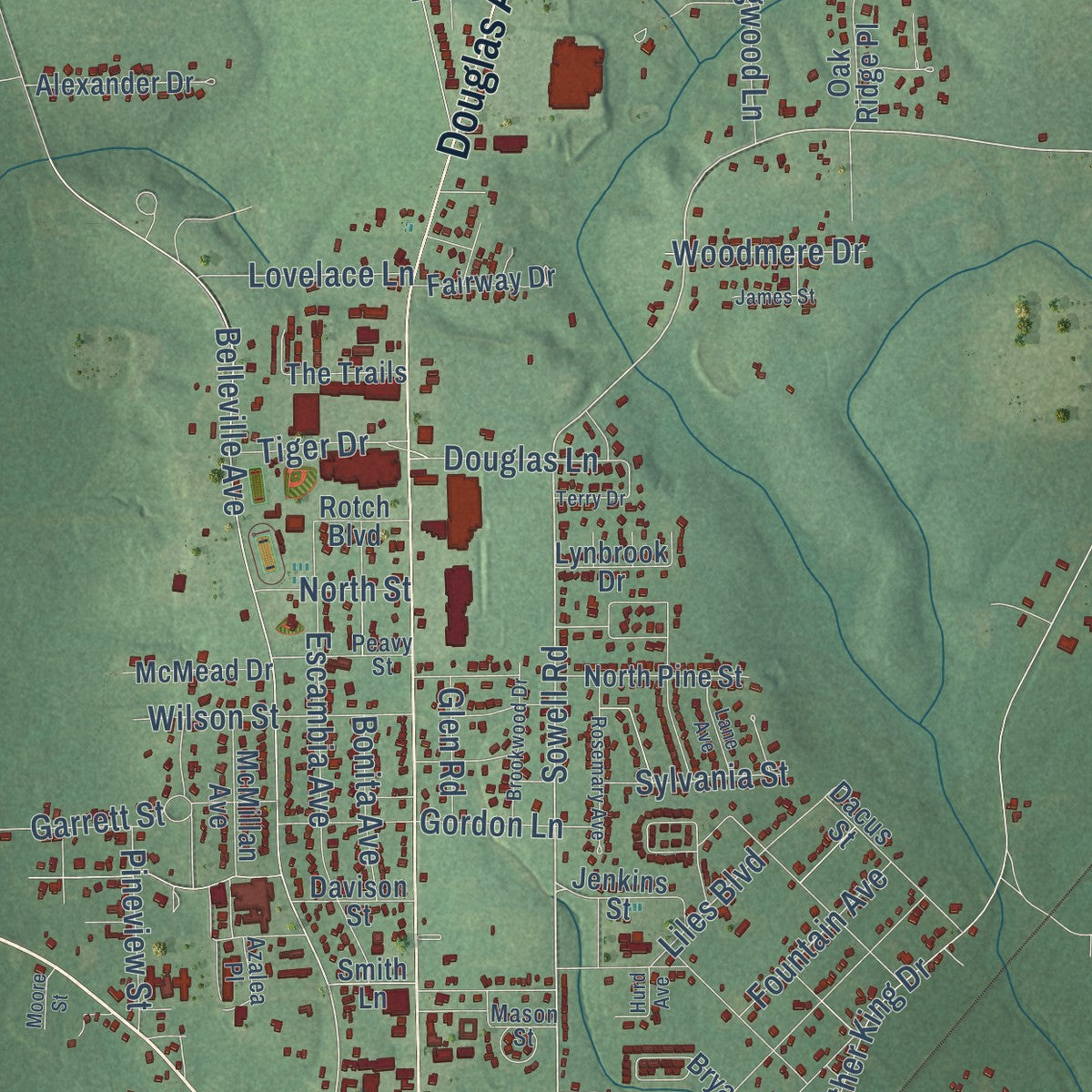 Close-up of the map of Brewton, Alabama print showing street and building detail