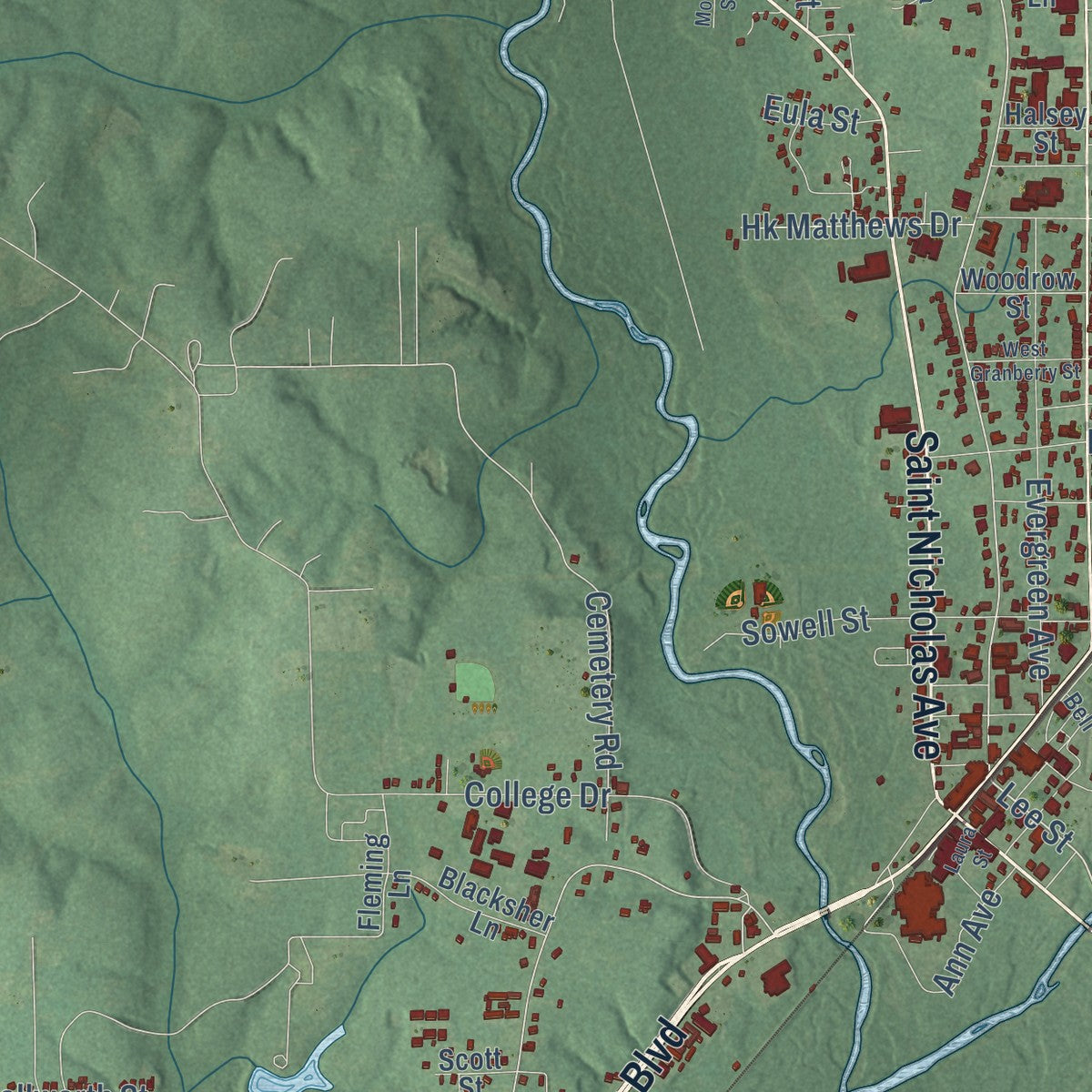 Second close-up of the map of Brewton, Alabama print showing more streets and buildings