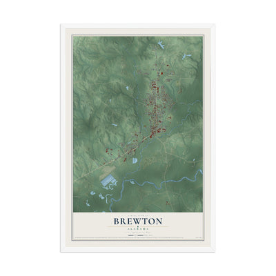 Map of Brewton, Alabama, 12 x 18 inch print in a white wood frame