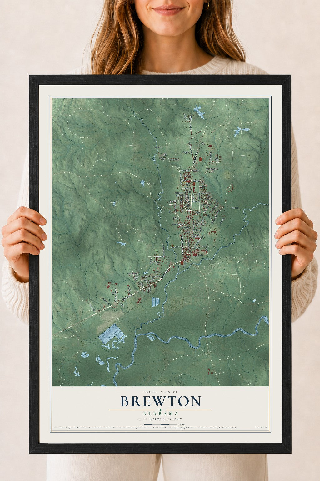 Map of Brewton, Alabama, 18 x 24 inch print in a black wood frame