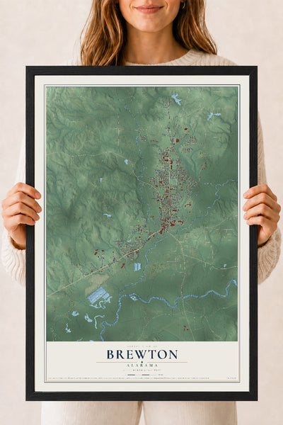 Map of Brewton, Alabama, 18 x 24 inch print in a black wood frame