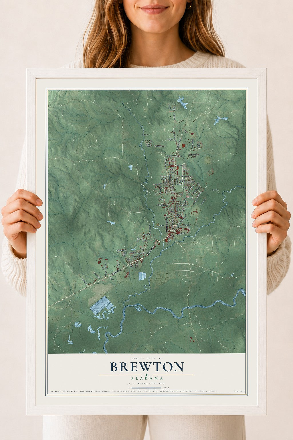 Map of Brewton, Alabama, 18 x 24 inch print in a white wood frame