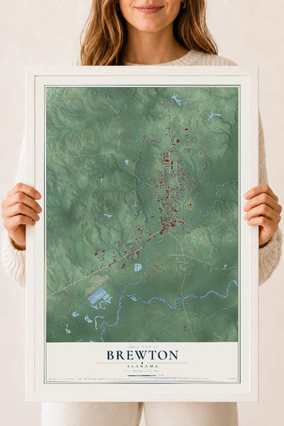 Map of Brewton, Alabama, 18 x 24 inch print in a white wood frame
