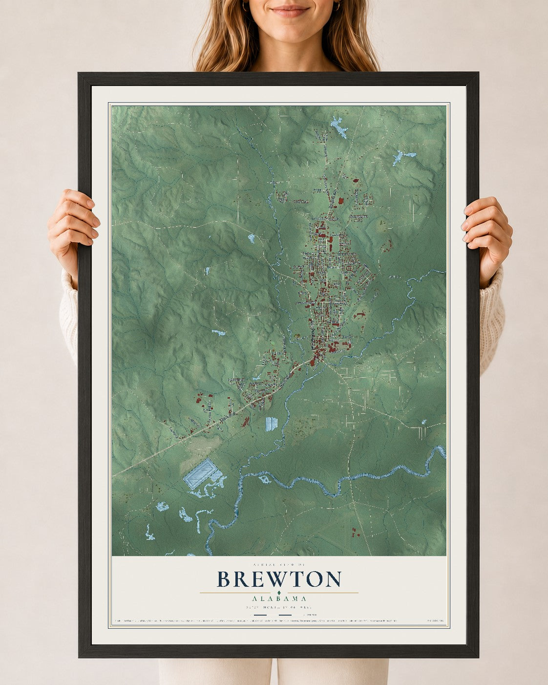Map of Brewton, Alabama, 24 x 36 inch print in a black wood frame