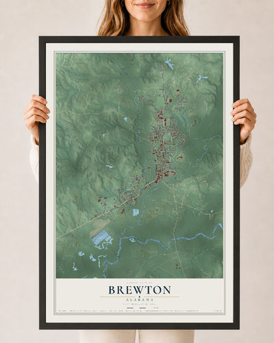 Map of Brewton, Alabama, 24 x 36 inch print in a black wood frame