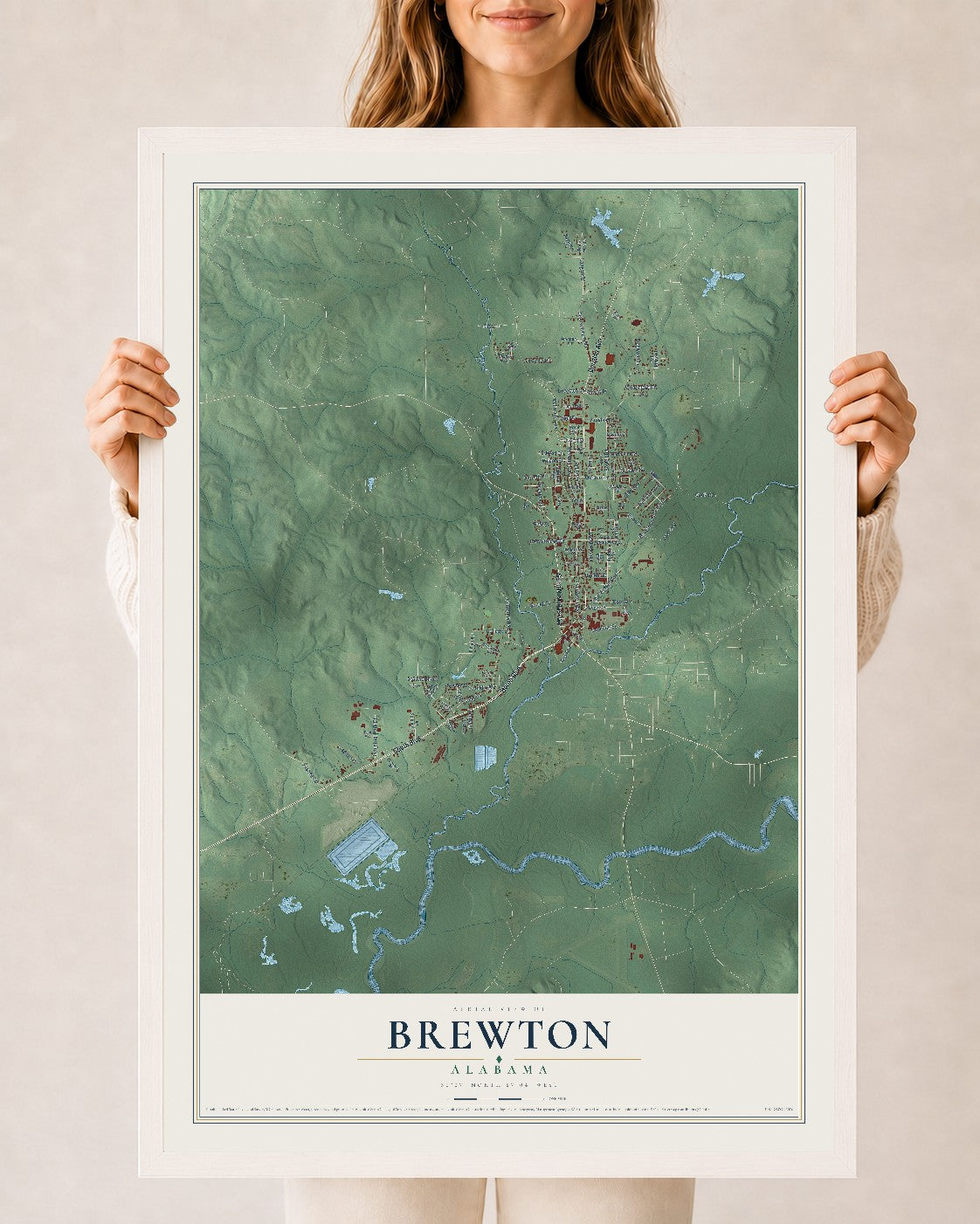 Map of Brewton, Alabama, 24 x 36 inch print in a white wood frame