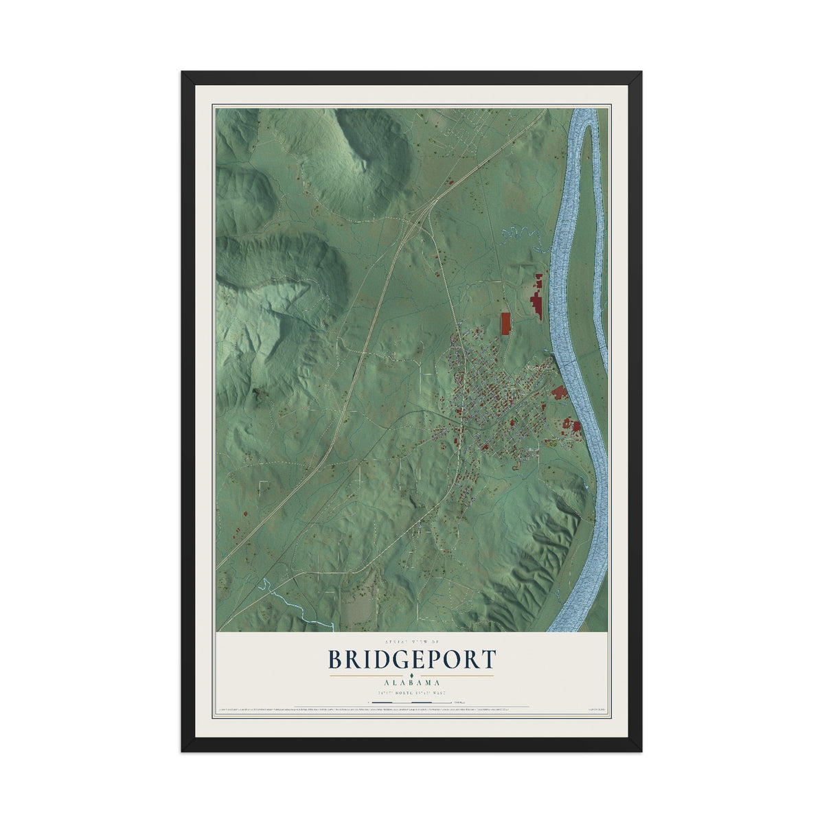 Map of Bridgeport, Alabama, 12 x 18 inch print in a black wood frame