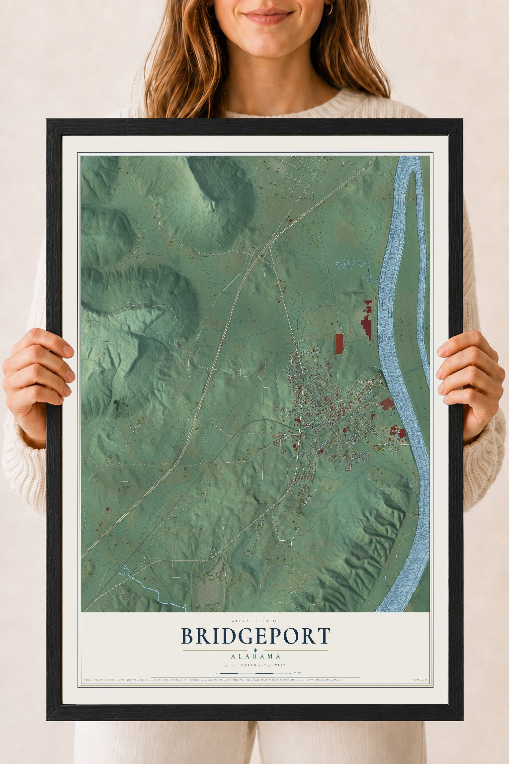 Map of Bridgeport, Alabama, 18 x 24 inch print in a black wood frame