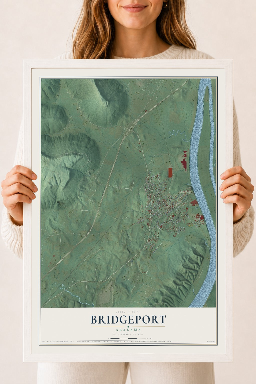 Map of Bridgeport, Alabama, 18 x 24 inch print in a white wood frame