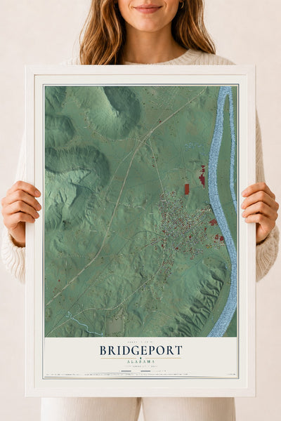 Map of Bridgeport, Alabama, 18 x 24 inch print in a white wood frame