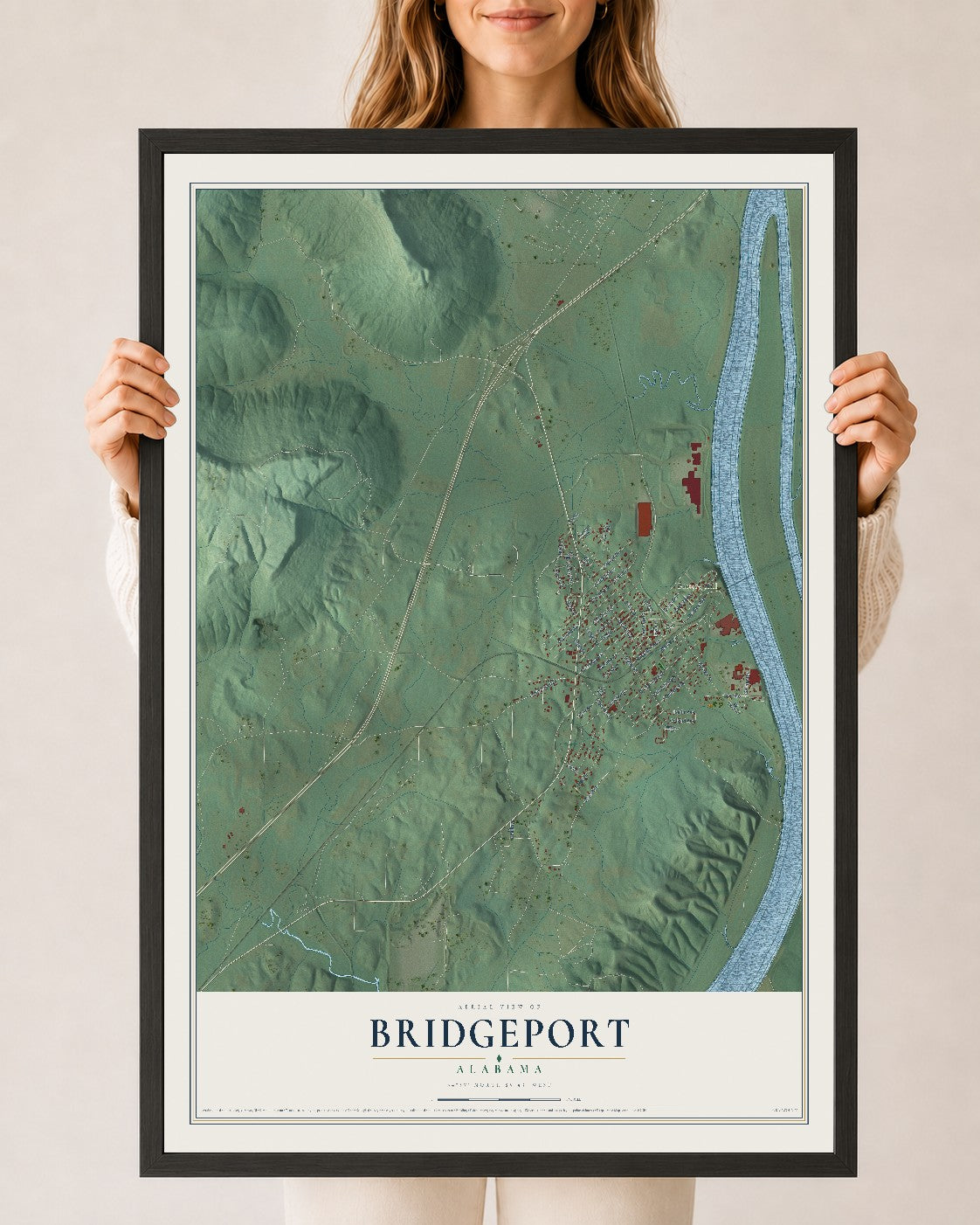 Map of Bridgeport, Alabama, 24 x 36 inch print in a black wood frame