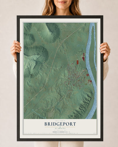 Map of Bridgeport, Alabama, 24 x 36 inch print in a black wood frame