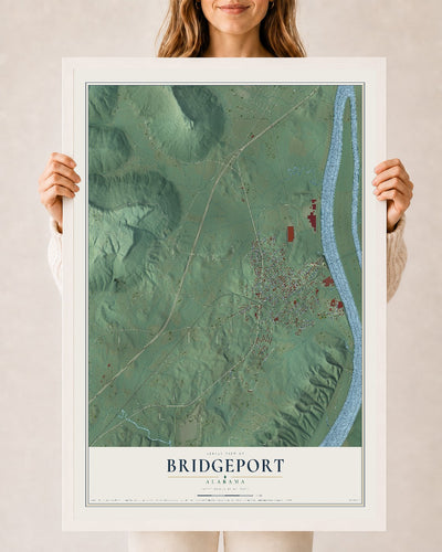 Map of Bridgeport, Alabama, 24 x 36 inch print in a white wood frame