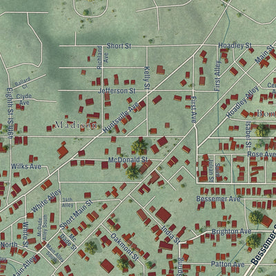 Close-up of the map of Brighton, Alabama print showing street and building detail
