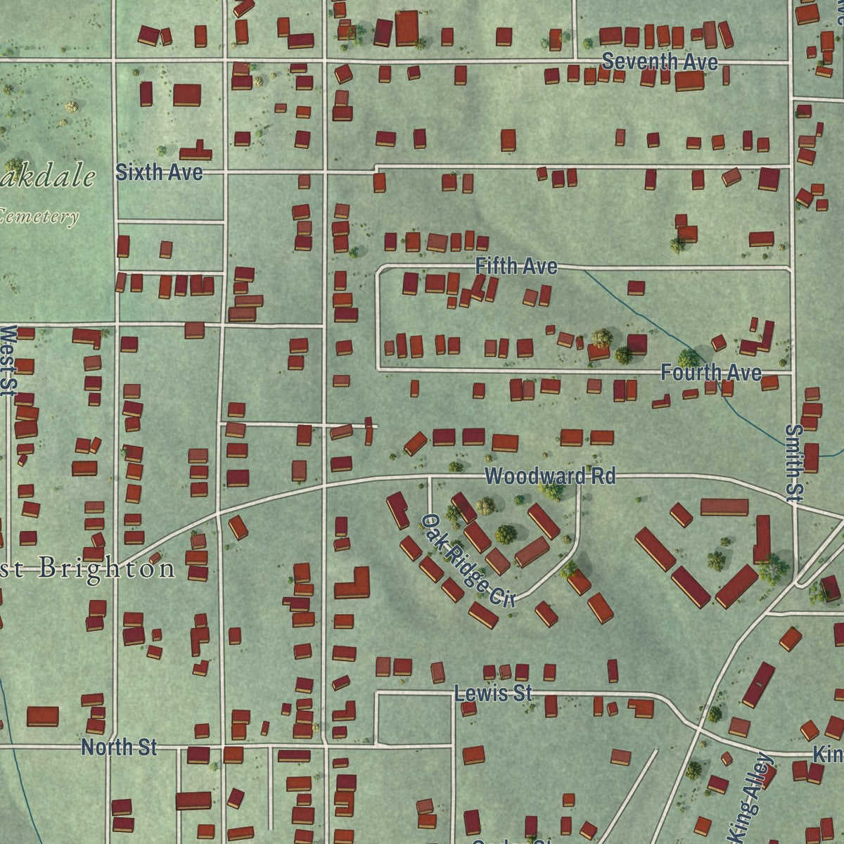 Second close-up of the map of Brighton, Alabama print showing more streets and buildings