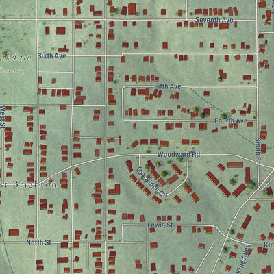 Second close-up of the map of Brighton, Alabama print showing more streets and buildings