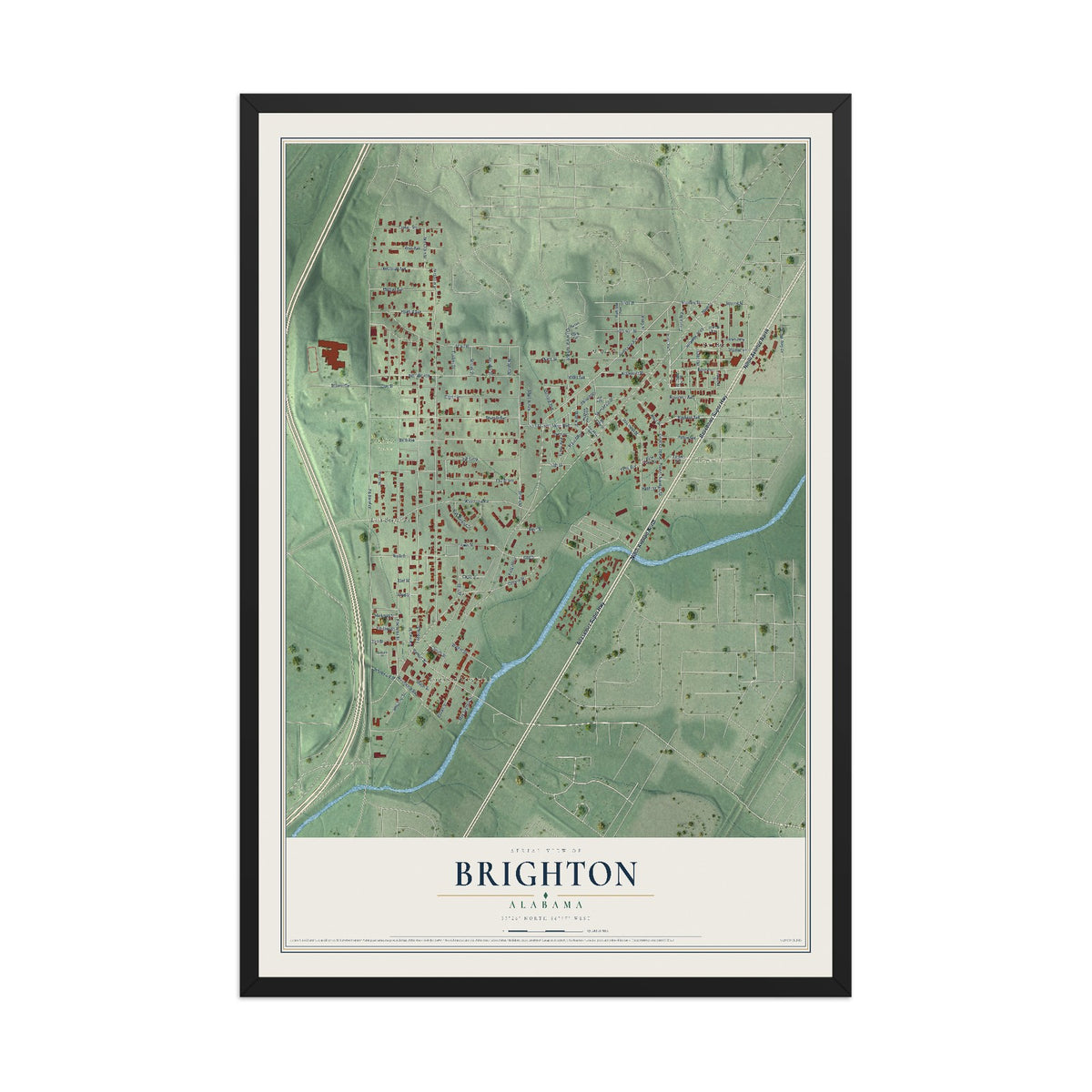 Map of Brighton, Alabama, 12 x 18 inch print in a black wood frame