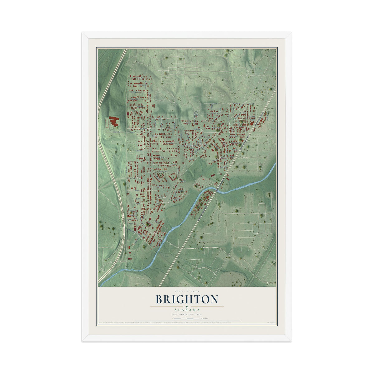 Map of Brighton, Alabama, 12 x 18 inch print in a white wood frame