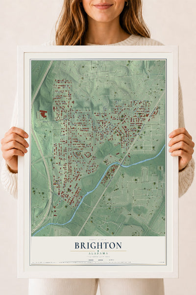 Map of Brighton, Alabama, 18 x 24 inch print in a white wood frame