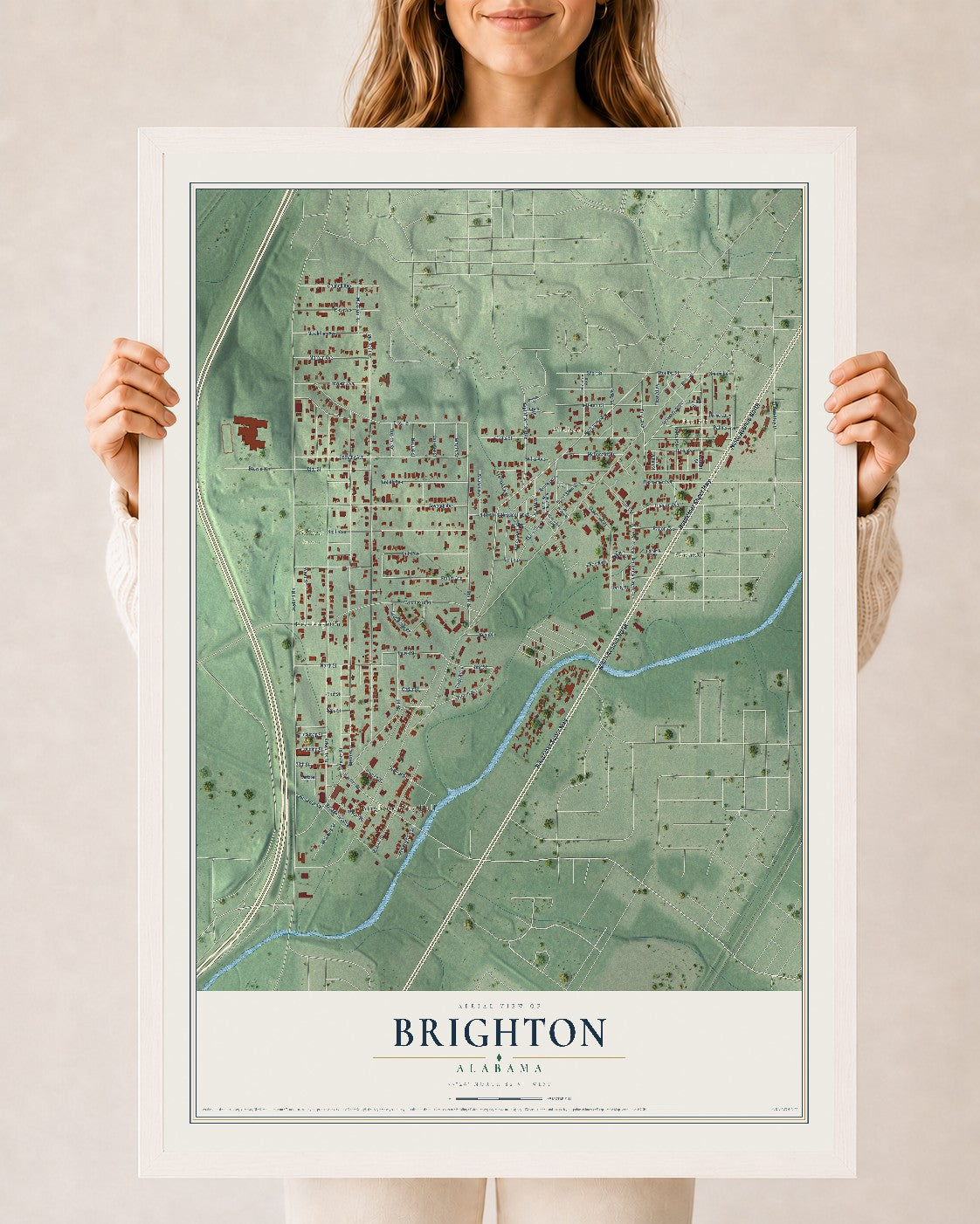 Map of Brighton, Alabama, 24 x 36 inch print in a white wood frame