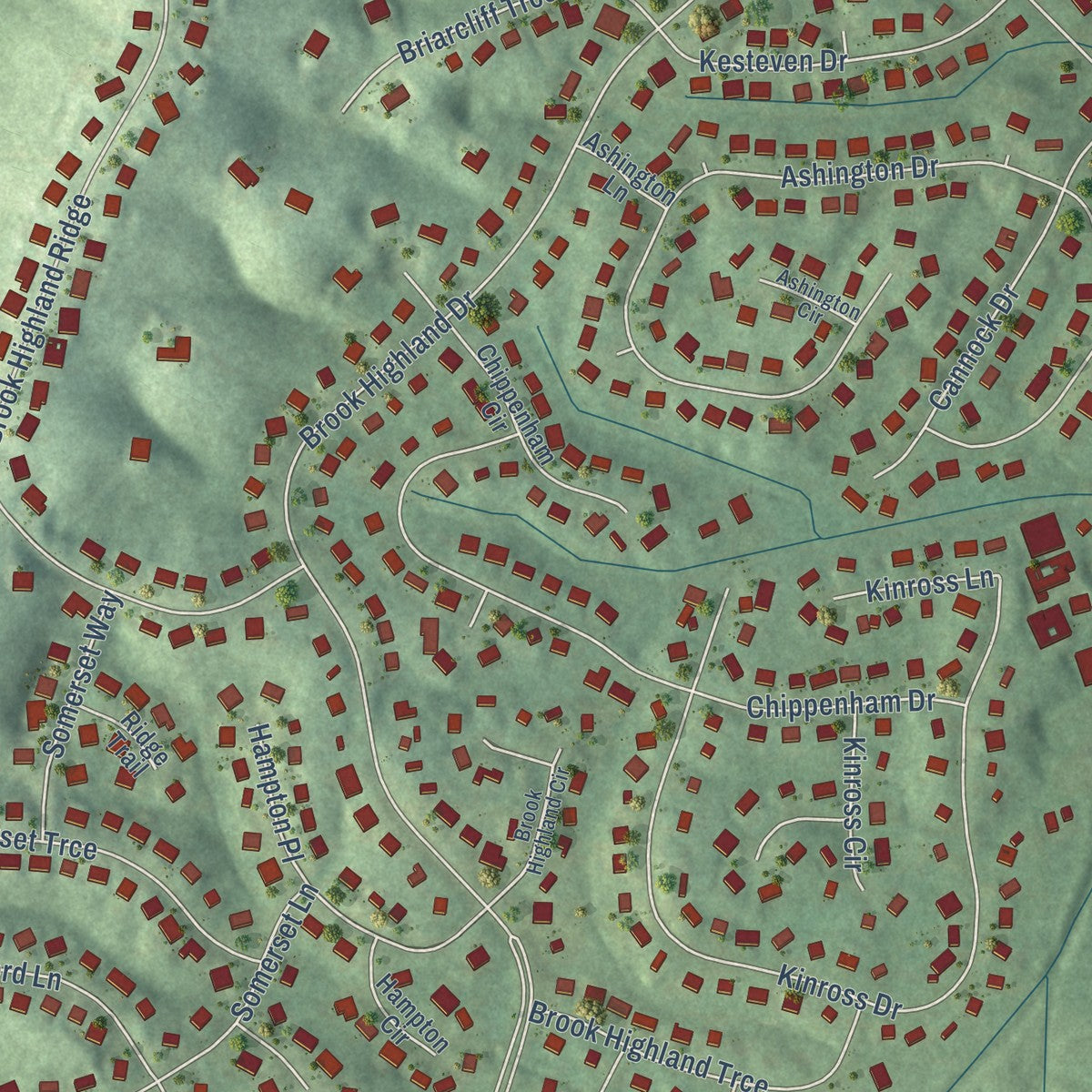 Close-up of the map of Brook Highland, Alabama print showing street and building detail