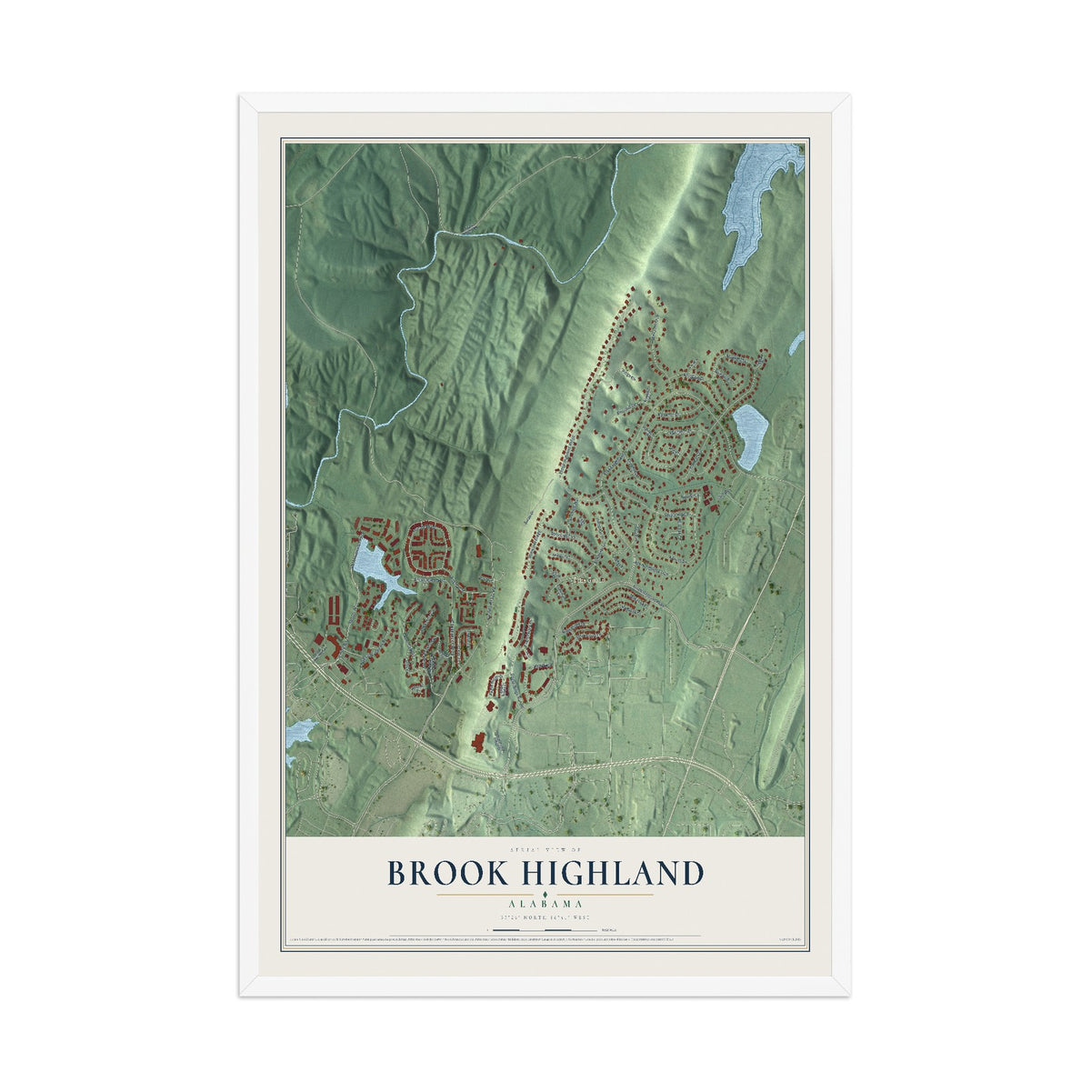 Map of Brook Highland, Alabama, 12 x 18 inch print in a white wood frame