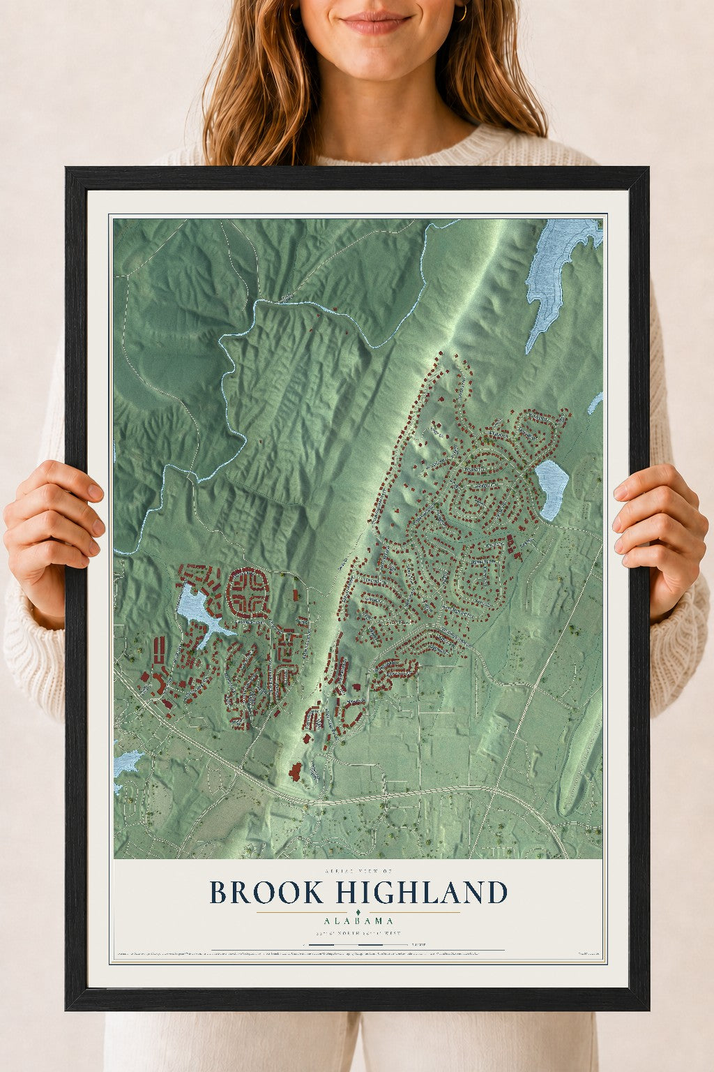 Map of Brook Highland, Alabama, 18 x 24 inch print in a black wood frame