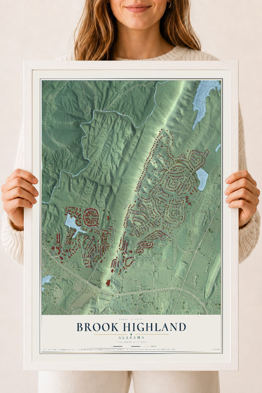 Map of Brook Highland, Alabama, 18 x 24 inch print in a white wood frame