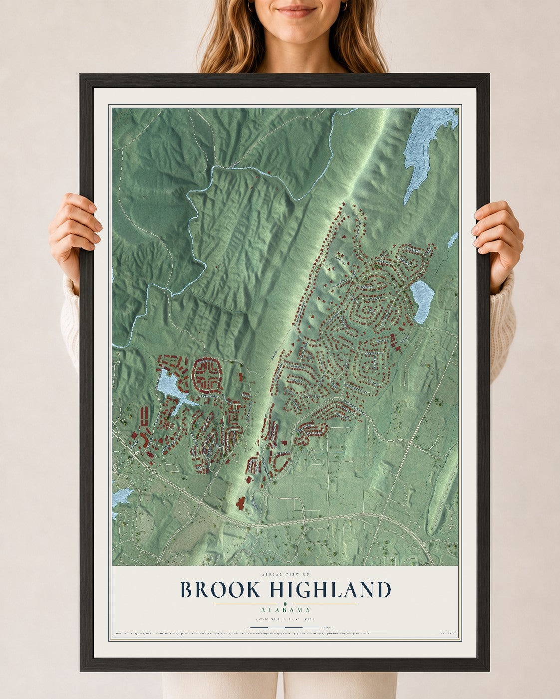 Map of Brook Highland, Alabama, 24 x 36 inch print in a black wood frame