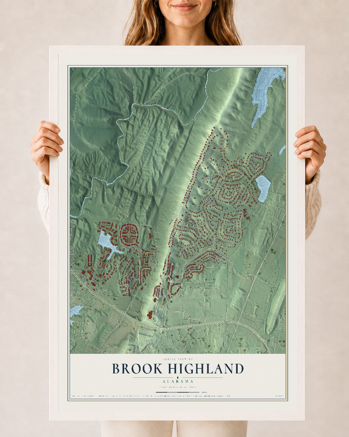 Map of Brook Highland, Alabama, 24 x 36 inch print in a white wood frame