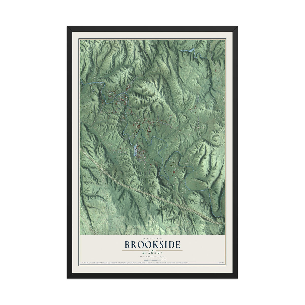 Map of Brookside, Alabama, 12 x 18 inch print in a black wood frame