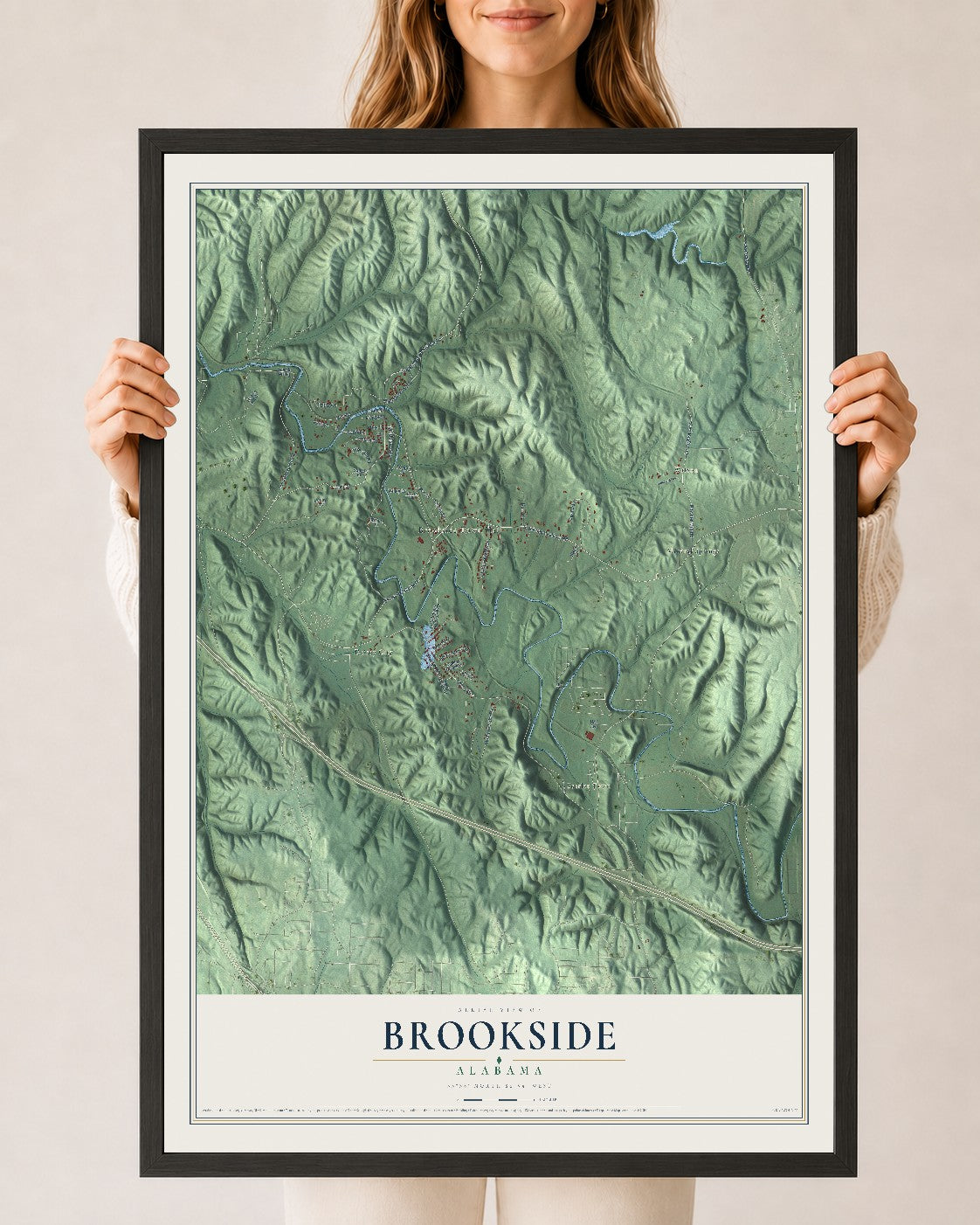Map of Brookside, Alabama, 24 x 36 inch print in a black wood frame
