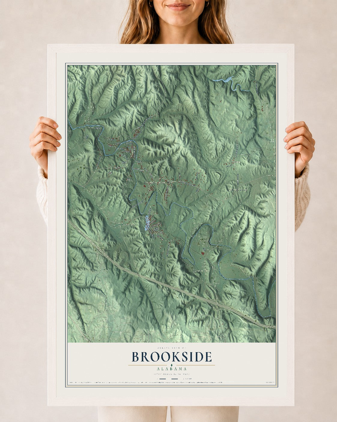 Map of Brookside, Alabama, 24 x 36 inch print in a white wood frame