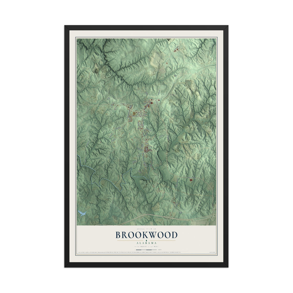 Map of Brookwood, Alabama, 12 x 18 inch print in a black wood frame