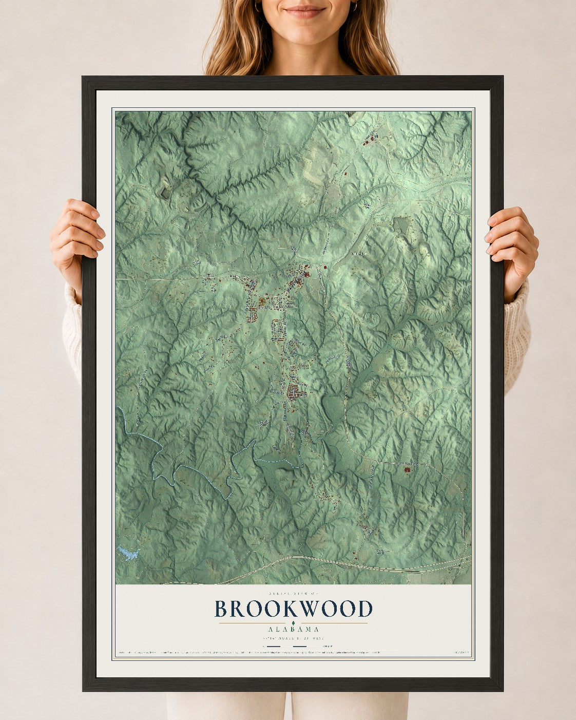 Map of Brookwood, Alabama, 24 x 36 inch print in a black wood frame