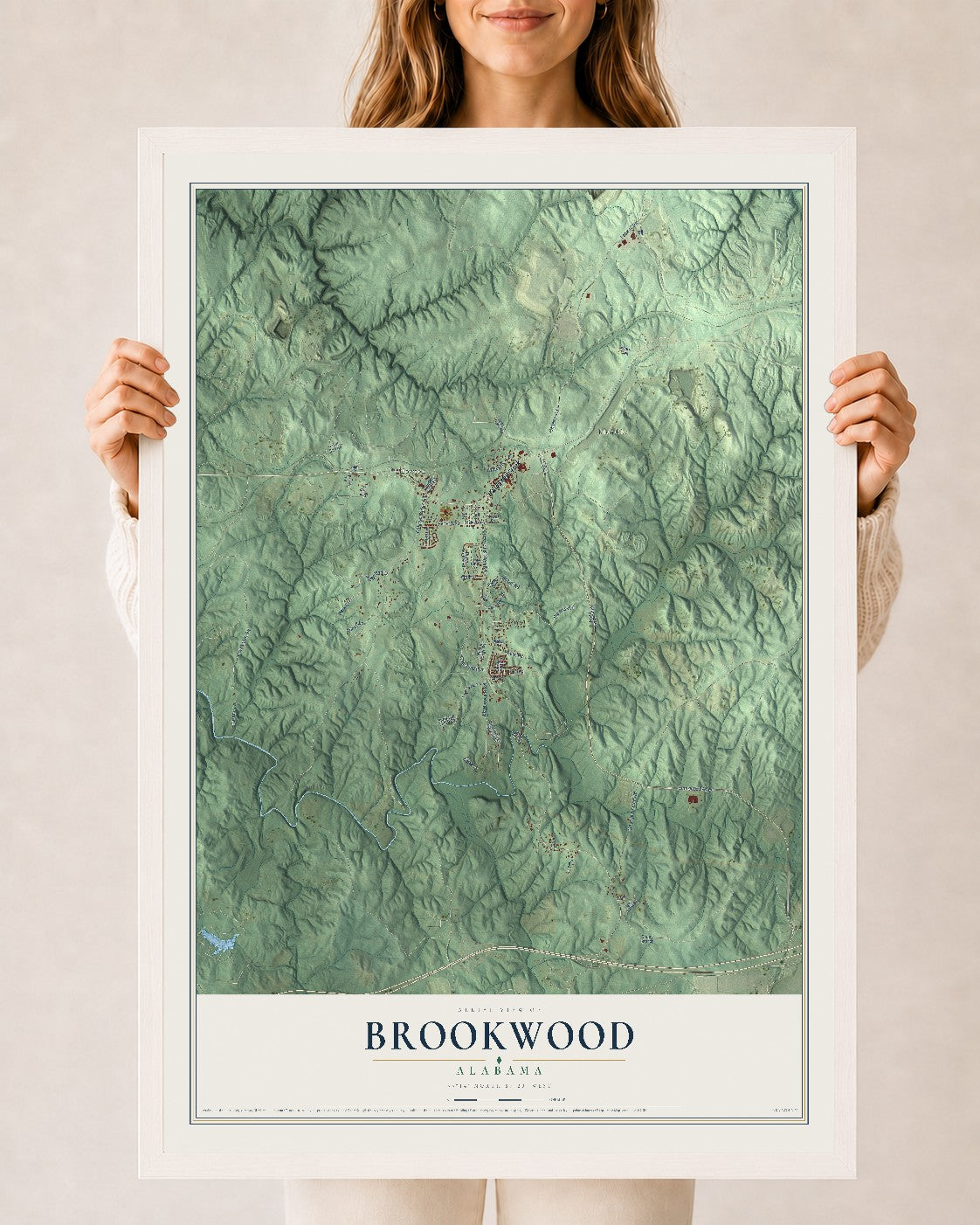Map of Brookwood, Alabama, 24 x 36 inch print in a white wood frame