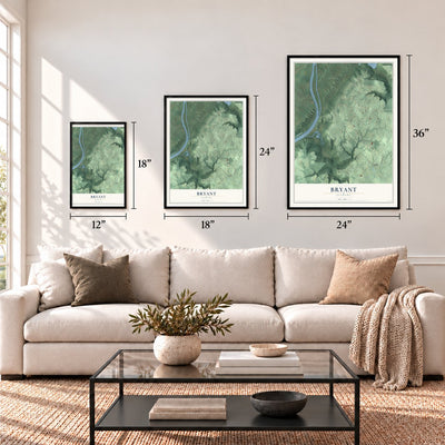 Bryant, Alabama map in 12 x 18, 18 x 24 and 24 x 36 inch sizes above a sofa