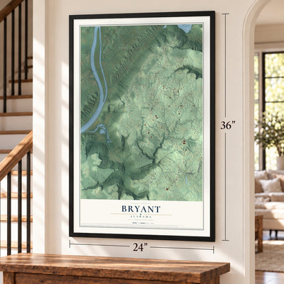 Bryant, Alabama map, 24 x 36 inch print in a black frame by a staircase