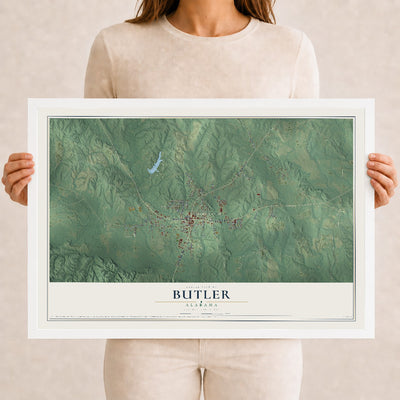 Map of Butler, Alabama, 12 x 18 inch print in a white wood frame