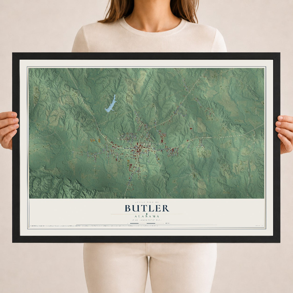 Map of Butler, Alabama, 18 x 24 inch print in a black wood frame